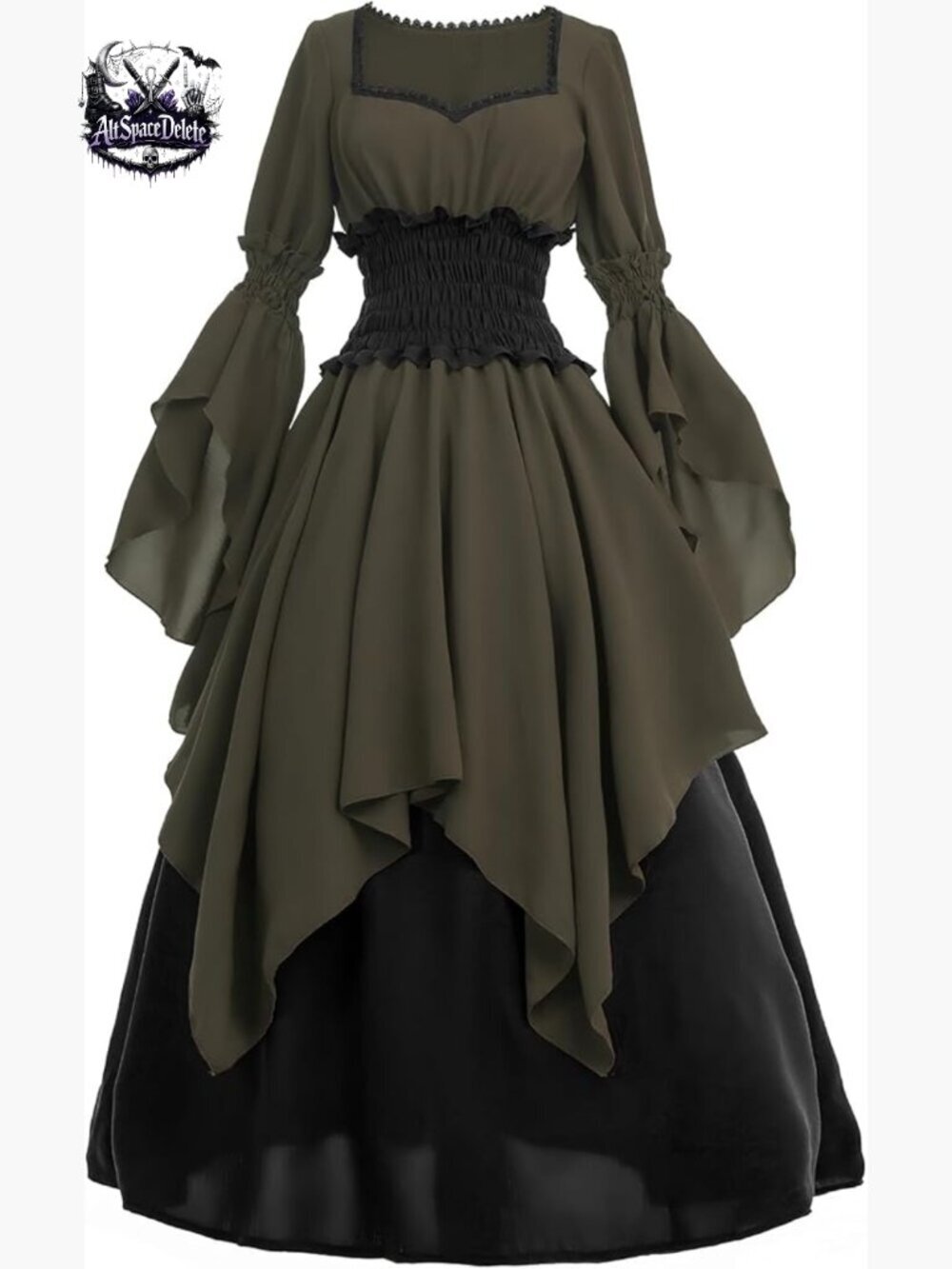 Chiffon Renaissance Dress with V-Neck Square Neck 3/4 Sleeves Loose Fit
